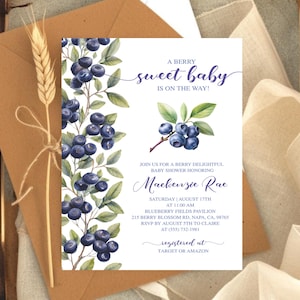 Editable Blueberry Baby Shower Invitation, Berry Sweet Blueberry Baby Shower Invitation, A Sweet Little Berry Is On The Way Instant Download