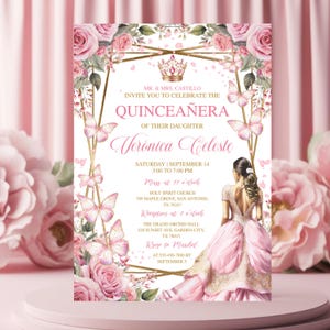 Pink Floral Rose Gold Quinceañera Invitation, Editable Butterfly, Mis Quince Anos, Sweet 16 Birthday Party Invite Template Tiara Pink Quince