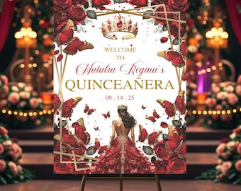 Quinceaña Willkommensposter, Burgunderrotes Gold Floral, Mis Quince Años Poster, Quinceaña Bienvenidos Willkommensschild, bearbeitbares Canva Poster