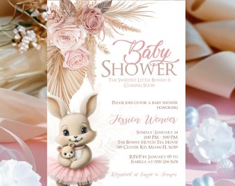 Bunny Baby Shower Invitation Girl, Baby Invitation Bunny Template, Wildflower Baby Shower Invitation, Editable Girl Rabbit Baby Shower