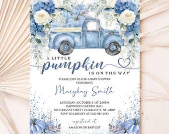 Blue Truck Baby Shower Invitation, Little Pumpkin Fall Baby Shower Invite, Editable Autumn Pumpkin Baby Boy Shower Template Instant Download