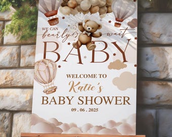 We Can Bearly Wait Teddy Bear Baby Shower Welcome Sign, Editable Brown Bear Balloon Poster, Boho Neutral Baby Shower Party Decor Template