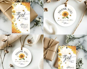 Editable Honeybee Favor Tag Template, Bee Baby Shower Round or Rectangle Thank You Label, Gender Neutral Printable Tag Download Canva CPC002