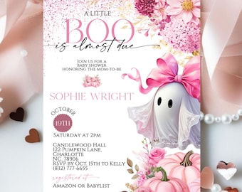 Editable Canva Halloween Baby Shower Invitation, Little Boo Is Almost Due Pink Bow Ghost Theme Invite, Girl Baby Shower Digital Download
