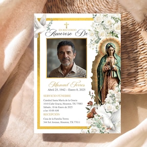 Puede incluir: Una tarjeta conmemorativa con una foto de un hombre, ilustraciones florales y de palomas, y texto en español. La tarjeta incluye el texto "En Recuerdo Amoroso De" y el nombre "Manuel Torres" con fechas e información del servicio.