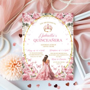 Pink Rose Gold Quinceañera Invitation, Invitaciones De Quinceañera Gratis, EDITABLE Tiara Rose 15th Birthday Party, Quince Invitations Canva
