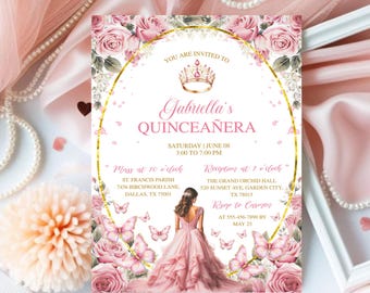 Convite Quinceañera Rosa Rosa Dourado, Convites De Quinceañera Gratis, Festa de 15º Aniversário Tiara Rose EDITÁVEL, Convites Quince Canva