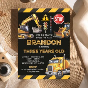 Boy Outdoor Birthday Construction Invitation Editable Dump Truck Party Invite Printable Template Digital Excavator Modern Mobile Invite