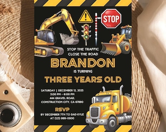Boy Outdoor Birthday Construction Invitation Editable Dump Truck Party Invite Printable Template Digital Excavator Modern Mobile Invite