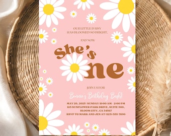 Editable Pink Daisy 1st Birthday Invite, Daisy Birthday Invitation, Wildflower Boho Flower Invitation, Girls First Birthday Party Template