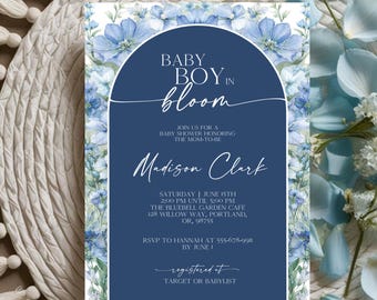Blue Baby in Bloom Invitation, Editable Baby Shower Invite Boy, Boho Baby Wildflower Evite Template, Printable Baby Shower Card Invitation