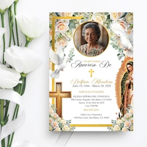May include: A memorial card with a photo of an older woman, surrounded by floral and religious imagery. The card includes text in Spanish, with dates and service information. A cross and a depiction of the Virgin Mary are also present.