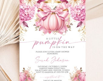 A Little Pumpkin Is On The Way Girl Baby Shower Invitation, Editable Pink Bow Fall Baby Shower Invite Template, Pumpkin Digital Download