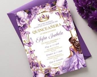 May include: Purple and gold quinceañera invitation with a floral design and a crown. The invitation includes the text "MR. & MRS. MARTINEZ INVITE YOU TO CELEBRATE THE QUINCEAÑERA OF THEIR DAUGHTER Sofia Isabela".