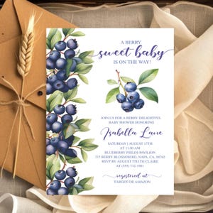 Berry Sweet Blueberry Baby Shower Invitation, Blueberries Baby Shower Invitation, Green Blue Summer Gender Neutral Theme, DIY Printable Card