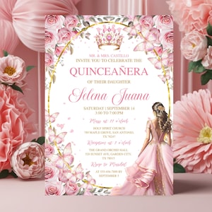 Pink Floral Rose Gold Quinceañera, Invitaciones De Quinceañera Gratis, Mis Quince Anos, Sweet 15th Birthday Party, Invitaciones 15 Años