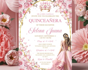 Pink Floral Rose Gold Quinceañera, Invitaciones De Quinceañera Gratis, Mis Quince Anos, Sweet 15th Birthday Party, Invitaciones 15 Años