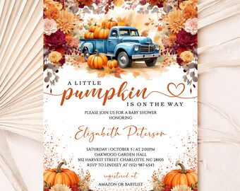 Editable Little Pumpkin Baby Shower Invitation, Fall Autumn Truck Baby Shower Invite, Gender Neutral Pumpkin Baby Shower Template Download