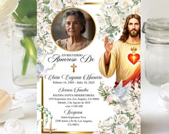 Spanish Jesus Christ Funeral Card, Editable Catholic Funeral Invite, Funeral Invite, En Memoria Amorosa, Floral Memorial Invitation Template