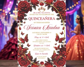 May include: A quinceañera invitation with a floral design. The invitation features red roses, butterflies, and gold accents. The text reads "Mr. & Mrs. Villanueva invite you to celebrate the Quinceañera of their daughter Verónica Ariadna."
