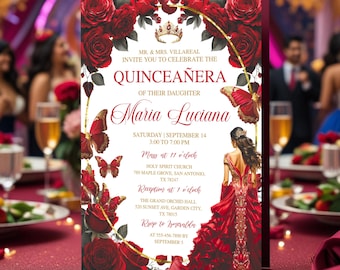 May include: A quinceañera invitation card with a red and gold floral design. The card features the text "Mr. & Mrs. Villareal invite you to celebrate the Quinceañera of their daughter Maria Luciana." The card also includes event details.