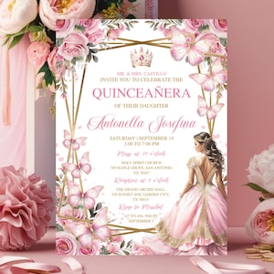 Blush Pink Quinceañera Invitation, Rose Gold Tiara, Editable Floral, Mis Quince Anos, 15th Birthday Party Invite Template, Canva Download