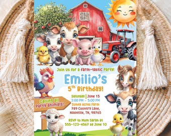 Barnyard Tiere Geburtstagseinladung bearbeitbar, Bauernhof-Geburtstagsfeier einladen, Ranch Kindergeburtstag, Rote Scheunen-Party Vorlage, Jungen-Geburtstags-Bauernhof