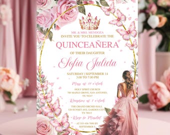 Convite Quinceañera Rosa Rosa Dourado, Modelo Editável, Mis Quince Anos, Convite Floral de 15º Aniversário, Invitaciones De Quinceañera Gratis