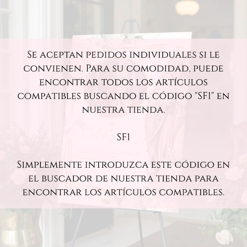 Peut inclure: Un panneau blanc sur un chevalet noir avec du texte en espagnol. Le texte explique comment trouver des articles compatibles en recherchant le code "SFI" dans la boutique. Le panneau a un calque rose.