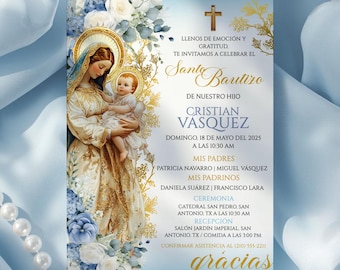 Editable Azul Virgen Mary Baptism Invitation, Niño Bautizo Digital Template, Spanish Mi Bautizo Tarjeta Católica Blue Christening Boy Invite
