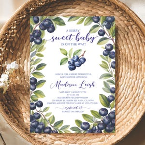Blueberry Baby Shower Invitation Template, A Berry Sweet Baby is on the Way, Berry Sweet Baby Shower Invitation, Editable Digital Download