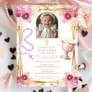 Wildflower Baptism Invitation Girl, Editable Floral Christening Invite, Canva Template, Digital Download