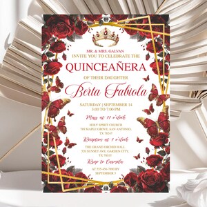 Sweet 16 Birthday Girl Tiara Invite, Editable Burgundy & Gold, Butterfly Floral Quinceañera Template, Fiesta de Quince Años Instant Download