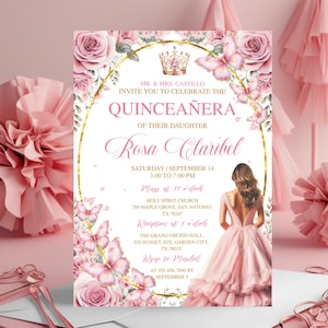 Rose Gold & Pink Quinceañera Invitation, EDITABLE Tiara 15th Birthday, Mis Quince Anos, Plantillas Gratis Invitaciones De Quinceañera Gratis