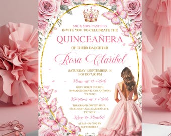 Rose Gold & Pink Quinceañera Invitation, EDITABLE Tiara 15th Birthday, Mis Quince Anos, Plantillas Gratis Invitaciones De Quinceañera Gratis
