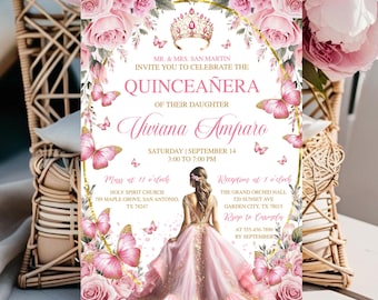 Plantillas de Invitaciones Para 15 Años, Blush Pink Quinceañera Invitation Template Editable Rose Gold Butterfly Quinceañera Mis Quince Anos
