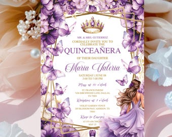 Purple Lilac Gold Butterfly Princess Quinceañera Invitation, Mis Quince Años, Lilac Purple Gold Invite, Editable Digital Card Canva Template