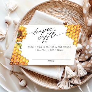 Boleto de rifa de pañales "Abeja Girasol", tarjeta de inserción editable para baby shower de abejas de miel, plantilla imprimible, descarga instantánea, género neutro, CPC002