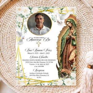 May include: A memorial card with a photo of a man, floral and gold accents, and text in Spanish. The card features an image of the Virgin Mary, doves, and white roses. The text includes dates, locations, and service details.