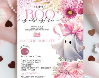 Ein kleiner Boo ist fast fällig Babyparty einladen, bearbeitbare Halloween-Babyparty-Einladung rosa Geistermädchen-Babyparty laden Digital Download ein