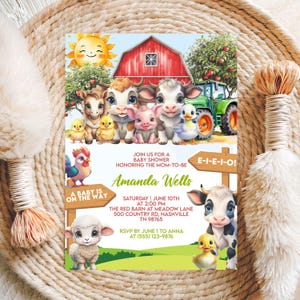 Editable Red Barn Baby Shower Invite Canva Template, Farm Animal Boy Shower Instant Download, Farm Baby Shower Invitation Ranch Theme Invite