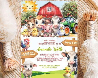 Editable Red Barn Baby Shower Invite Canva Template, Farm Animal Boy Shower Instant Download, Farm Baby Shower Invitation Ranch Theme Invite