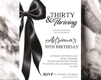 Minimalist Black Bow Birthday Invitation, Editable Digital Invite, Elegant 30th Party Template, Coquette Black Ribbon Canva, Black & White
