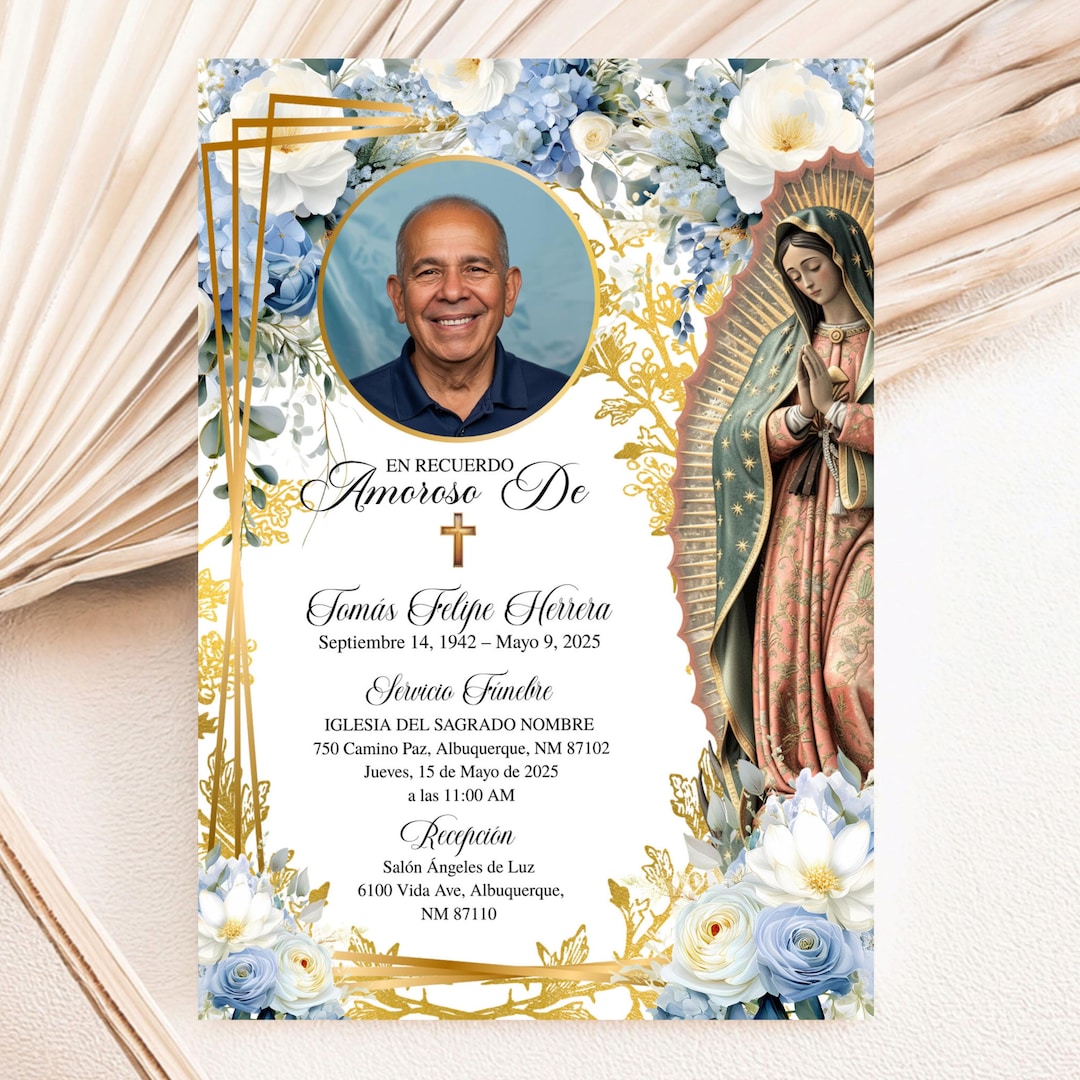 Spanish Funeral Invitation Template, Editable Virgen De Guadalupe Azul
