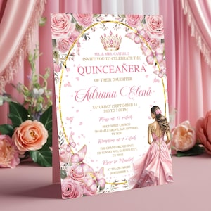 Pink and Rose Gold Quinceañera Invite, Editable Butterfly Floral, Mis Quince Anos, Sweet 16 Birthday Girl Tiara Girl 15th Birthday Template
