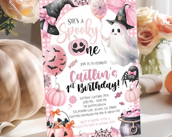 Halloween Spooky One Birthday Invite Editable, Pink Ghost 1st Birthday Party Invitation Girl, First Boo Day Printable Instant Canva Template