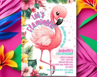 Invito Flamingo, invito modificabile per festa di compleanno a tema fenicottero, modello digitale per estate tropicale, download immediato di Canva per festa in piscina rosa