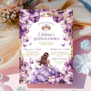 Invitación de quinceañera princesa mariposa de oro lila púrpura, plantilla editable Mis Quince Años, invitación de oro púrpura lila, tarjeta digital Canva