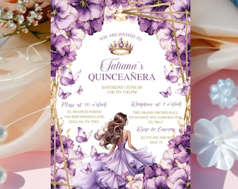 Purple Lilac Gold Butterfly Princess Quinceañera Invitation, Editable Mis Quince Años Template, Lilac Purple Gold Invite, Canva Digital Card