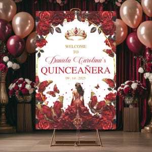 Quinceañera Welcome Poster, Burgundy Red and Gold Theme, Mis Quince Anos, 15th Birthday Sign, Princess Tiara Floral, Editable Canva Template